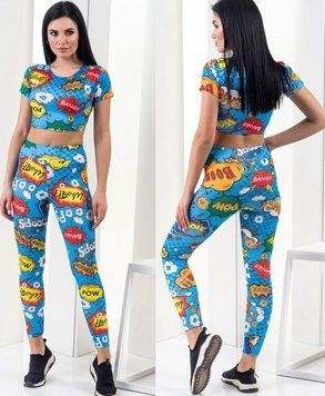 Лосины и топ с коротким рукавом костюм для фитнеса и йоги с утяжкой микродайвинг цвет голубой принт комиксы 1817627 фото