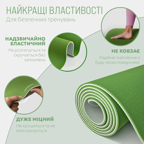 Килимок для йоги та фітнесу TPE+TC 6мм двошаровий зелений-сірий EasyFit 2124244 фото
