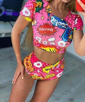 Женский костюм топ и шорты трусики для Pole Dance микродайвинг розовый принт комиксы 1815302 фото