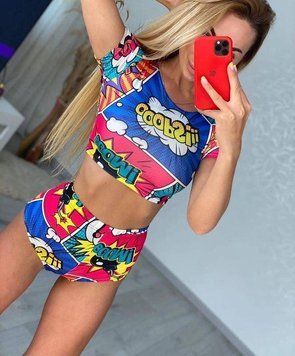 Женский костюм топ и шорты трусики для Pole Dance микродайвинг синий принт комиксы 2XL 1815752 фото