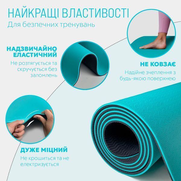 Коврик для йоги и фитнеса TPE+TC 6 мм двухслойный мятный-черный EasyFit 2124318 фото