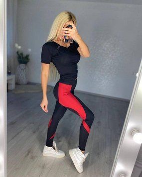 Лосины женские для фитнеса с широким поясом бифлекс цвет черный с красным XS 1815790 фото