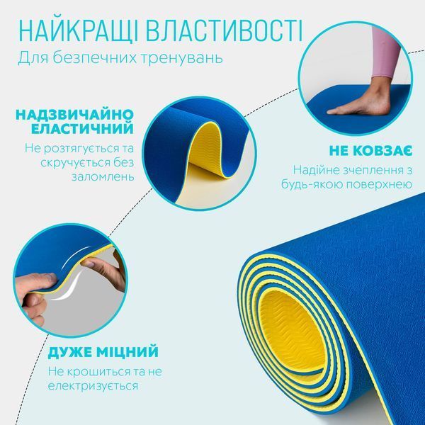 Коврик для йоги и фитнеса TPE+TC 6 мм двухслойный + Чехол синий-желтый EasyFit 2124320 фото