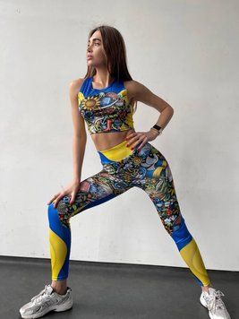 Комплект 3 в 1 лосины топ и футболка оверсайз для спорта Ukraine бифлекс цвет синий с желтым принт украинский 1815872 фото