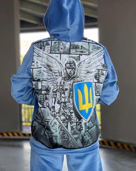 Жіночий спортивний костюм велюр подвійний теплий колір синій принт Тризуб 1816194 фото