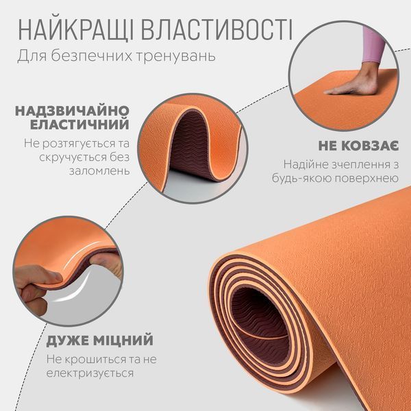 Коврик для йоги и фитнеса TPE+TC 6 мм двухслойный + Чехол персиковый-коричневый EasyFit 2124321 фото