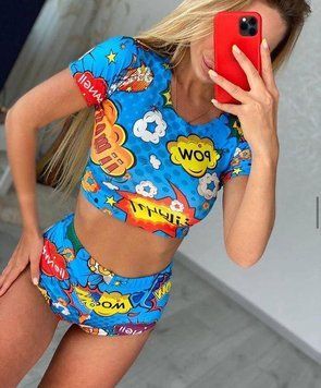 Женский костюм топ и шорты трусики для Pole Dance микродайвинг голубой принт комиксы 2XL 1817644 фото